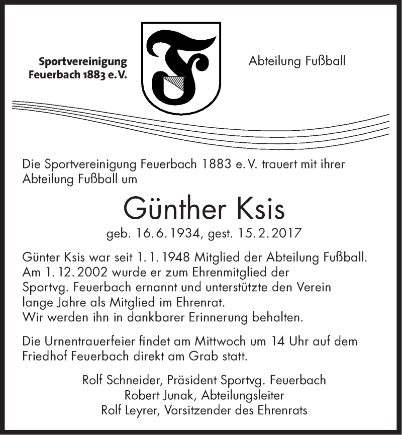  Traueranzeige für Günther Ksis vom 20.02.2017 aus Stuttgarter Zeitung / Stuttgarter Nachrichten