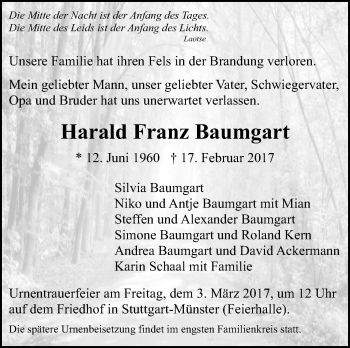 Traueranzeige von Harald Franz Baumgart von Stuttgarter Zeitung / Stuttgarter Nachrichten