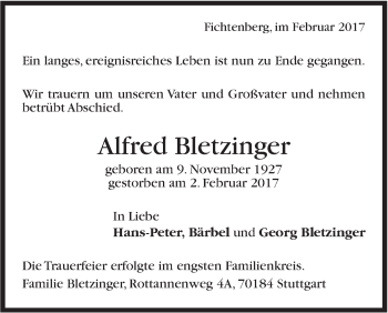 Traueranzeige von Alfred Bletzinger von Stuttgarter Zeitung / Stuttgarter Nachrichten