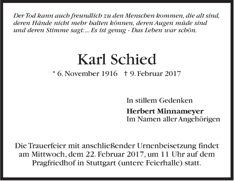  Traueranzeige für Karl Schied vom 17.02.2017 aus Stuttgarter Zeitung / Stuttgarter Nachrichten