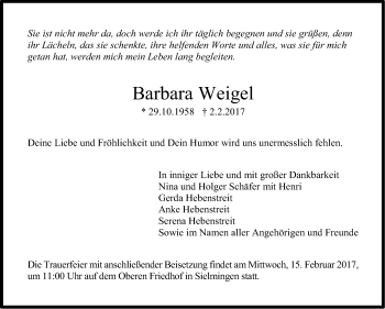 Traueranzeige von Barbara Weigel von Stuttgarter Zeitung / Stuttgarter Nachrichten