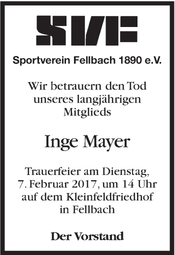 Traueranzeige von Inge Mayer von Stuttgarter Zeitung / Stuttgarter Nachrichten