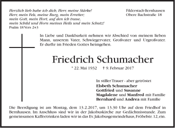Traueranzeige von Friedrich Schumacher von Stuttgarter Zeitung / Stuttgarter Nachrichten
