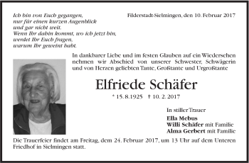 Traueranzeige von Elfriede Schäfer von Stuttgarter Zeitung / Stuttgarter Nachrichten