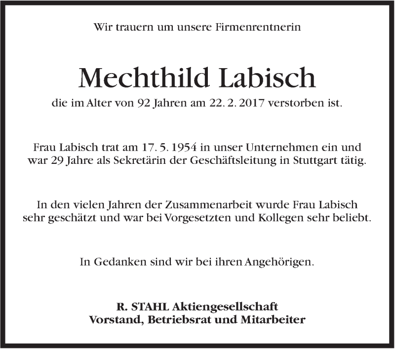  Traueranzeige für Mechthild Labisch vom 27.02.2017 aus Stuttgarter Zeitung / Stuttgarter Nachrichten