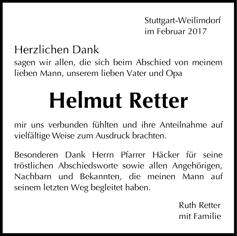  Traueranzeige für Helmut Retter vom 24.02.2017 aus Stuttgarter Zeitung / Stuttgarter Nachrichten