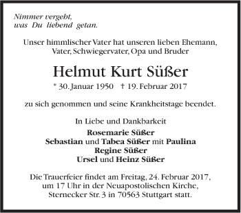 Traueranzeige von Helmut Kurt Süßer von Stuttgarter Zeitung / Stuttgarter Nachrichten