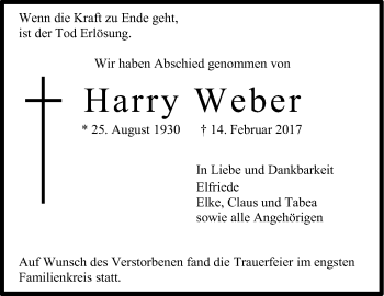 Traueranzeige von Harry Weber von Stuttgarter Zeitung / Stuttgarter Nachrichten