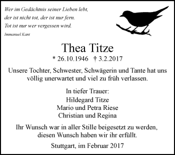 Traueranzeige von Thea Titze von Stuttgarter Zeitung / Stuttgarter Nachrichten