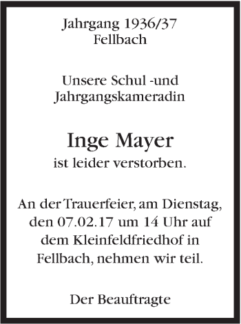 Traueranzeige von Inge Mayer von Stuttgarter Zeitung / Stuttgarter Nachrichten
