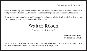 Traueranzeige von Walter Rösch von Stuttgarter Zeitung / Stuttgarter Nachrichten