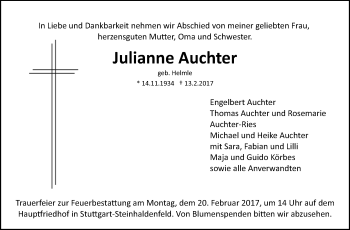 Traueranzeige von Julianne Auchter von Stuttgarter Zeitung / Stuttgarter Nachrichten