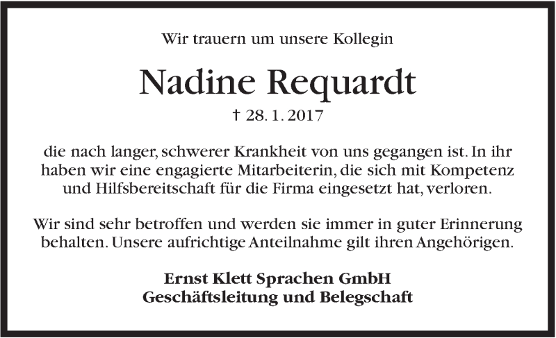  Traueranzeige für Nadine Requardt vom 11.02.2017 aus Stuttgarter Zeitung / Stuttgarter Nachrichten