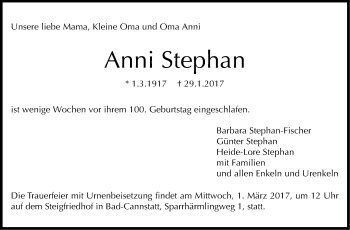 Traueranzeige von Anni Stephan von Stuttgarter Zeitung / Stuttgarter Nachrichten