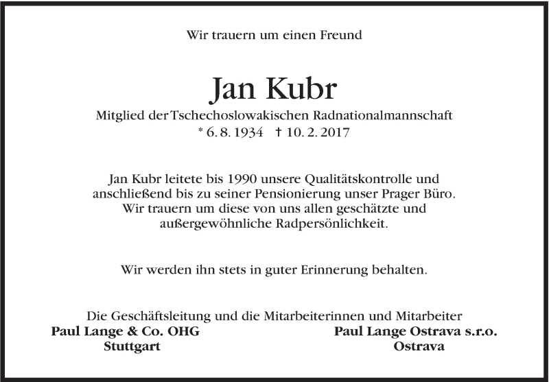  Traueranzeige für Jan Kubr vom 25.02.2017 aus Stuttgarter Zeitung / Stuttgarter Nachrichten