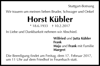 Traueranzeige von Horst Kübler von Stuttgarter Zeitung / Stuttgarter Nachrichten