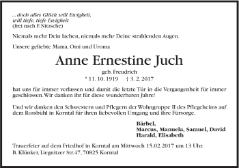 Traueranzeige von Anne Ernestine Juch von Stuttgarter Zeitung / Stuttgarter Nachrichten