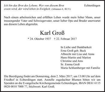 Traueranzeige von Karl Groß von Stuttgarter Zeitung / Stuttgarter Nachrichten