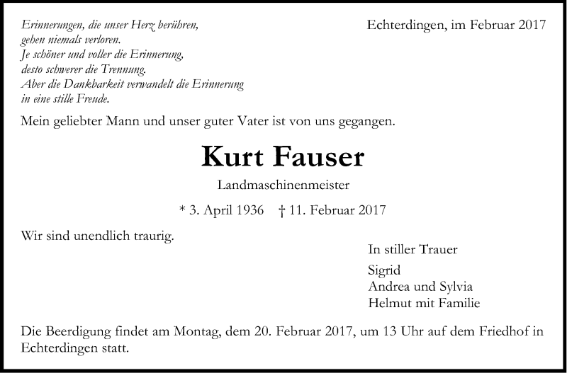  Traueranzeige für Kurt Fauser vom 15.02.2017 aus Stuttgarter Zeitung / Stuttgarter Nachrichten