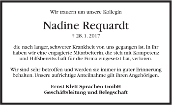 Traueranzeige von Nadine Requardt von Stuttgarter Zeitung / Stuttgarter Nachrichten