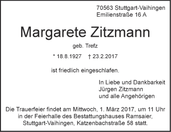 Traueranzeige von Margarete Zitzmann von Stuttgarter Zeitung / Stuttgarter Nachrichten