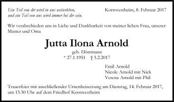 Traueranzeige von Jutta  Arnold von Stuttgarter Zeitung / Stuttgarter Nachrichten