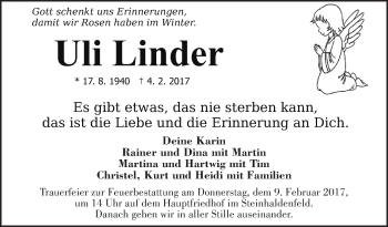 Traueranzeige von Uli Linder von Stuttgarter Zeitung / Stuttgarter Nachrichten
