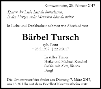 Traueranzeige von Bärbel Tursch von Stuttgarter Zeitung / Stuttgarter Nachrichten