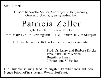 Traueranzeige von Patricia Zeller von Stuttgarter Zeitung / Stuttgarter Nachrichten