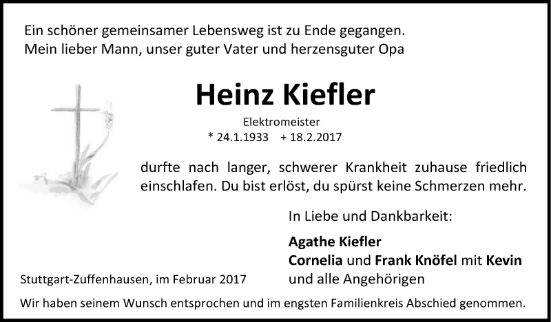  Traueranzeige für Heinz Kiefler vom 24.02.2017 aus Stuttgarter Zeitung / Stuttgarter Nachrichten