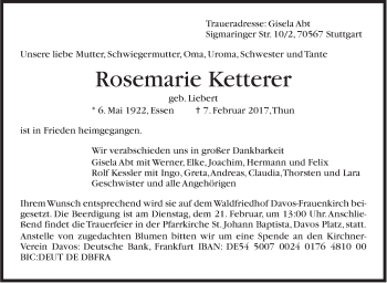 Traueranzeige von Rosemarie Ketterer von Stuttgarter Zeitung / Stuttgarter Nachrichten