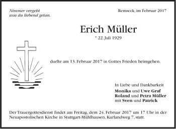 Traueranzeige von Erich Müller von Stuttgarter Zeitung / Stuttgarter Nachrichten