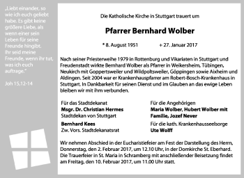 Traueranzeige von Bernhard Wolber von Stuttgarter Zeitung / Stuttgarter Nachrichten