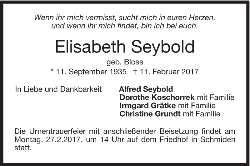  Traueranzeige für Elisabeth Seybold vom 25.02.2017 aus Stuttgarter Zeitung / Stuttgarter Nachrichten