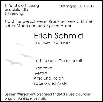 Traueranzeige von Erich Schmid von Stuttgarter Zeitung / Stuttgarter Nachrichten