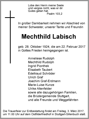 Traueranzeige von Mechthild Labisch von Stuttgarter Zeitung / Stuttgarter Nachrichten
