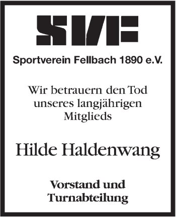 Traueranzeige von Hilde Haldenwang von Stuttgarter Zeitung / Stuttgarter Nachrichten