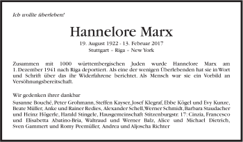 Traueranzeige von Hannelore Marx von Stuttgarter Zeitung / Stuttgarter Nachrichten