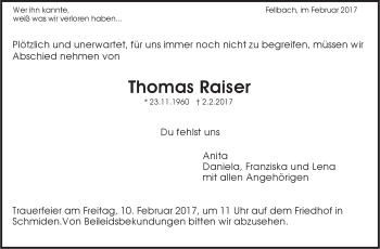 Traueranzeige von Thomas Raiser von Stuttgarter Zeitung / Stuttgarter Nachrichten