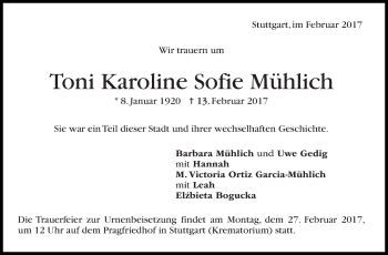 Traueranzeige von Toni Karoline Sofie Mühlich von Stuttgarter Zeitung / Stuttgarter Nachrichten