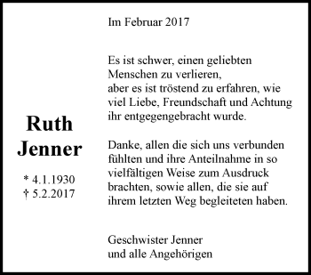 Traueranzeige von Ruth Jenner von Stuttgarter Zeitung / Stuttgarter Nachrichten
