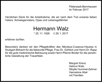 Traueranzeige von Hermann Walz von Stuttgarter Zeitung / Stuttgarter Nachrichten