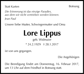 Traueranzeige von Lore Lippus von Stuttgarter Zeitung / Stuttgarter Nachrichten