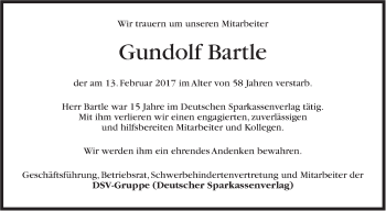 Traueranzeige von Gundolf Bartle von Stuttgarter Zeitung / Stuttgarter Nachrichten