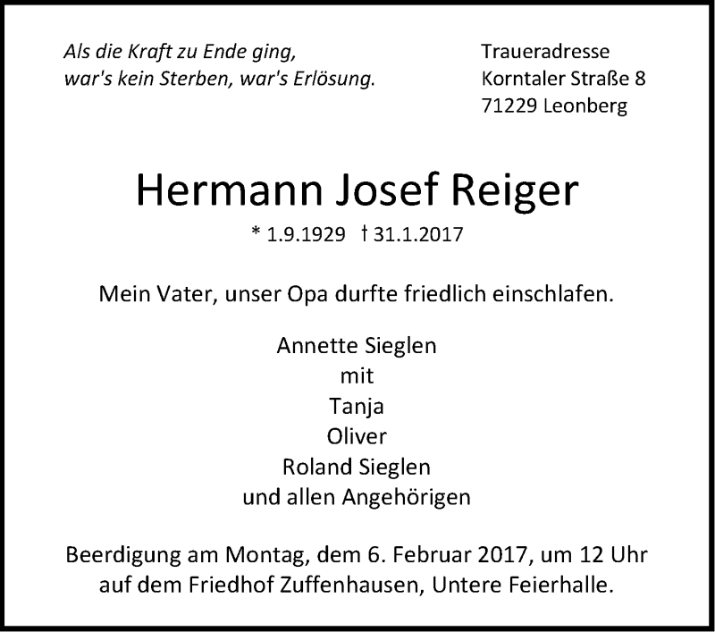  Traueranzeige für Hermann Reiger vom 03.02.2017 aus Stuttgarter Zeitung / Stuttgarter Nachrichten
