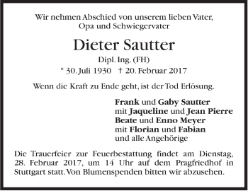 Traueranzeige von Dieter Sautter von Stuttgarter Zeitung / Stuttgarter Nachrichten