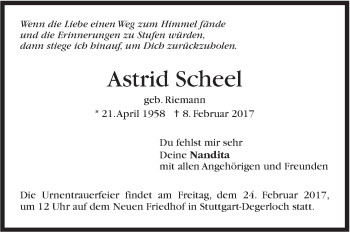 Traueranzeige von Astrid Scheel von Stuttgarter Zeitung / Stuttgarter Nachrichten