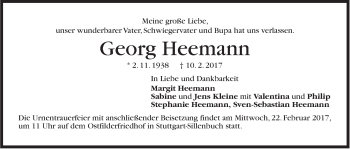 Traueranzeige von Georg Heemann von Stuttgarter Zeitung / Stuttgarter Nachrichten