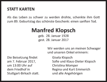 Traueranzeige von Manfred Klopsch von Stuttgarter Zeitung / Stuttgarter Nachrichten