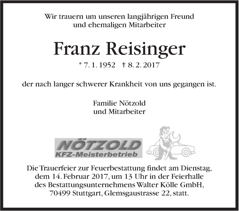 Traueranzeige für Franz Reisinger vom 13.02.2017 aus Stuttgarter Zeitung / Stuttgarter Nachrichten